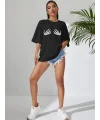 Lushiowear Kadın Baskılı T-Shirt Kısa Kol Bisiklet Yaka Oversize Rahat Kalıp Tişört - Siyah