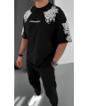 Lushiowear Erkek Kısa Kol Yazlık Tişört Bisiklet Yaka Baskılı Oversize T-Shirt - Siyah