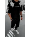 Lushiowear Erkek Kısa Kol Yazlık Tişört Bisiklet Yaka Baskılı Oversize T-Shirt - Siyah