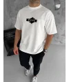 Lushiowear Erkek Kısa Kol Yazlık Tişört Bisiklet Yaka Baskılı Oversize T-Shirt - Beyaz