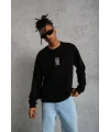 Lushiowear ERKEK 3 İplik Pamuklu Bisiklet Yaka Baskılı Oversize Sweatshirt - Siyah