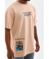 Lushiowear Erkek  Bisiklet Yaka Baskılı Oversize T-Shirt - Bej