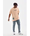 Lushiowear Erkek  Bisiklet Yaka Baskılı Oversize T-Shirt - Bej