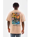 Lushiowear Erkek  Bisiklet Yaka Baskılı Oversize T-Shirt - Bej