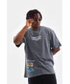 Lushiowear Erkek Tişort  Bisiklet Yaka Baskılı Oversize T-Shirt - Gri