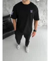 Lushiowear Erkek Kısa Kol Tişört Bisiklet Yaka W Wildone Baskılı T-Shirt - Siyah