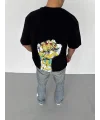 Lushiowear ERKEK Tişört Bisiklet Yaka Baskılı Oversize T-Shirt - Siyah