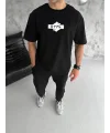 Lushiowear Erkek Kısa Kol Yazlık Tişört Bisiklet Yaka Baskılı Oversize T-Shirt - Siyah