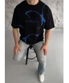 Lushiowear Erkek Kısa Kol Yazlık Tişört Bisiklet Yaka Baskılı Oversize T-Shirt - Siyah