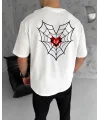 Lushiowear Erkek Kısa Kol Tişört Bisiklet Yaka ÖRÜMCEK Baskılı Oversize T-Shirt - Beyaz