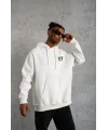 Lushiowear Erkek 3 İplik Pamuklu Kapüşonlu Baskılı Cepli Oversize Sweatshirt Hoodie - Beyaz