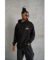 Lushiowear Erkek 3 İplik Pamuklu Kapüşonlu Baskılı Cepli Oversize Sweatshirt Hoodie - Siyah