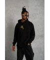 Lushiowear Erkek 3 İplik Pamuklu Kapüşonlu Baskılı Cepli Oversize Sweatshirt Hoodie - Siyah