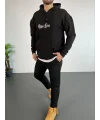 Lushiowear Erkek Kapüşonlu Kanguru Cepli Sweatshirt 3 İplik Pamuklu Baskılı Hoodie - Siyah