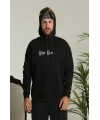 Lushiowear Erkek Kapüşonlu Kanguru Cepli Sweatshirt 3 İplik Pamuklu Baskılı Hoodie - Siyah