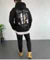 Lushiowear Erkek Kapüşonlu Kanguru Cepli Sweatshirt 3 İplik Pamuklu Baskılı Hoodie - Siyah