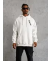 Lushiowear Erkek 3 İplik Pamuklu Kapüşonlu Baskılı Cepli Oversize Sweatshirt Hoodie - Beyaz