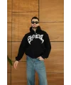 Lushiowear Erkek Kapüşonlu 3 İplik Şardonlu Önü Baskılı Fermuarlı Oversize Sweatshirt - Siyah