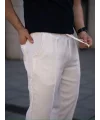 Lushiowear Erkek Keten Cepli Çıma Dikişli jogger Buggy Pantalon Rahat kalıp - Beyaz