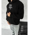 Lushiowear Erkek Kapüşonlu Kanguru Cepli Sweatshirt 3 İplik Pamuklu Baskılı Hoodie - Siyah