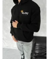 Lushiowear Erkek Kapüşonlu Kanguru Cepli Sweatshirt 3 İplik Pamuklu Baskılı Hoodie - Siyah