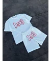 Lushiowear Erkek Nakış İşlemeli Şortlu Kısa kol Alt-Üst Takım - Beyaz
