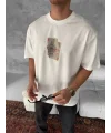 Lushiowear ERKEK Tişört Kısa kol Ön ve Arka Baskılı Oversize Bisiklet Yaka T-Shirt - Beyaz