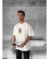 Lushiowear ERKEK Tişört Kısa kol Ön ve Arka Baskılı Oversize Bisiklet Yaka T-Shirt - Beyaz