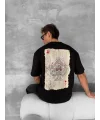 Lushiowear ERKEK Tişört Kısa Kol Ön ve Arka Baskılı Oversize Bisiklet Yaka T-shirt - Siyah