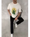 Lushiowear Erkek Kısa Kol Yazlık Tişört Bisiklet Yaka Baskılı Oversize T-Shirt - Beyaz