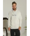 Lushiowear Erkek Kapüşonlu Kanguru Cepli Sweatshirt 3 İplik Pamuklu Baskılı Hoodie - Beyaz