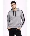 Lushiowear Erkek Şeritli Kapüşonlu Sweatshirt Oversize 3 iplik Pamuklu Hoodie - Gri