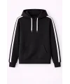 Lushiowear Erkek Şeritli Kapüşonlu Sweatshirt Oversize 3 iplik Pamuklu Hoodei - Siyah