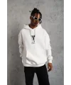 Lushiowear BErkek 3 İplik Pamuklu Kapüşonlu Baskılı Cepli Oversize Sweatshirt Hoodie - eyaz