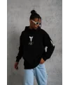Lushiowear Erkek 3 İplik Pamuklu Kapüşonlu Kanguru Cepli Baskılı Oversize Hoodie Sweatshirt - Siyah