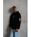 Lushiowear Erkek 3 İplik Pamuklu Kapüşonlu Kanguru Cepli Baskılı Oversize Hoodie Sweatshirt - Siyah