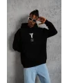 Lushiowear Erkek 3 İplik Pamuklu Kapüşonlu Kanguru Cepli Baskılı Oversize Hoodie Sweatshirt - Siyah