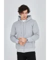 Lushiowear Erkek 3 İplik Pamuklu Kapüşonlu Tam Fermuarlı Cepli Hoodie Sweatshirt - Gri