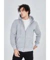 Lushiowear Erkek 3 İplik Pamuklu Kapüşonlu Tam Fermuarlı Cepli Hoodie Sweatshirt - Gri