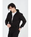 Lushiowear Erkek 3 İplik Pamuklu Kapüşonlu Tam Fermuarlı Cepli Hoodie Sweatshirt - Siyah