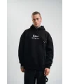 Lushiowear Erkek 3 İplik Pamuklu Kapüşonlu Baskılı Cepli Oversize Sweatshirt Hoodie - Siyah