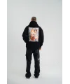 Lushiowear Erkek 3 İplik Pamuklu Kapüşonlu Baskılı Cepli Oversize Sweatshirt Hoodie - Siyah