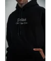 Lushiowear Erkek 3 İplik Pamuklu Kapüşonlu Baskılı Cepli Oversize Sweatshirt Hoodie - Siyah