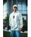 Lushiowear Erkek Kapüşonlu Kanguru Cepli Sweatshirt 3 İplik Pamuklu Baskılı Hoodie -  Beyaz