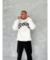 Lushiowear Erkek 3 İplik Pamuklu Kapüşonlu Baskılı Cepli Oversize Sweatshirt Hoodie - Beyaz
