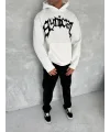 Lushiowear Erkek 3 İplik Pamuklu Kapüşonlu Baskılı Cepli Oversize Sweatshirt Hoodie - Beyaz
