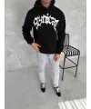 Lushiowear Erkek 3 İplik Pamuklu Kapüşonlu Baskılı Cepli Oversize Sweatshirt Hoodie - Siyah