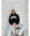 Lushiowear Erkek 3 İplik Pamuklu Kapüşonlu Baskılı Cepli Oversize Sweatshirt Hoodie - Siyah