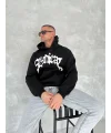 Lushiowear Erkek 3 İplik Pamuklu Kapüşonlu Baskılı Cepli Oversize Sweatshirt Hoodie - Siyah
