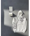 Lushiowear Erkek 3 İplik Pamuklu Kapüşonlu Baskılı Cepli Oversize Sweatshirt Hoodie - Beyaz